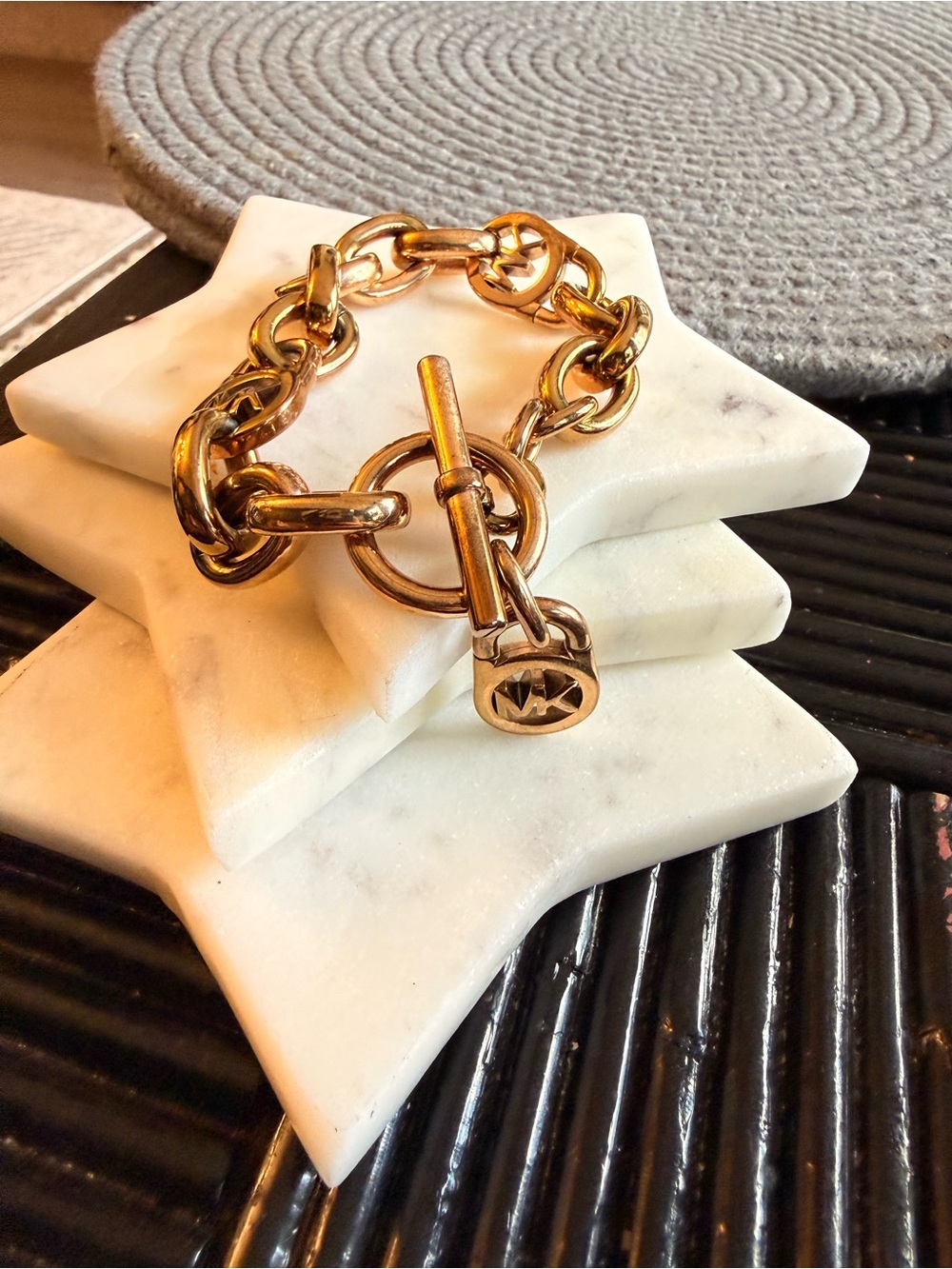 Michel Kors Gold Chain Toggle Bracelet with Logo Charm